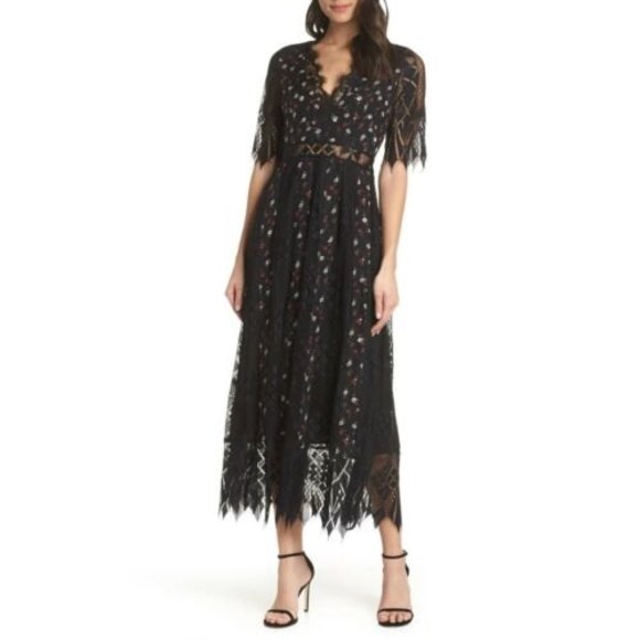 foxiedox Dresses & Skirts - Foxiedox Josephine Floral Lace & Clip Dot Tea Black Midi Dress Women's Size Med